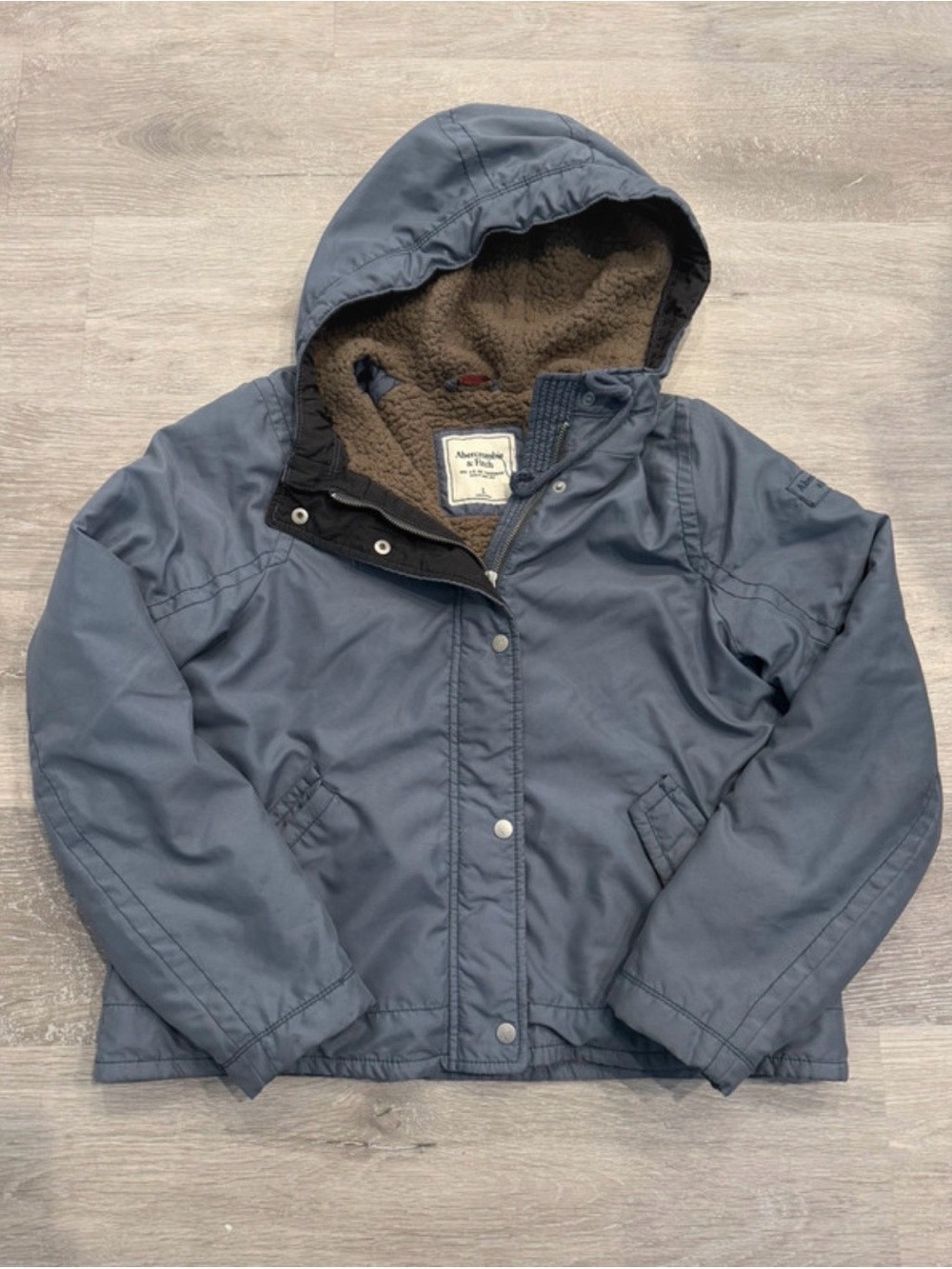 Abercrombie & Fitch Slate Blue Hooded Utility Jacket with Brown Sherpa Lining